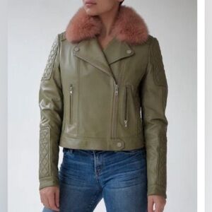 Samantha Sipos Jacket Faux Fur Biker Leather Moto Buttery Olive Rose XS GUC